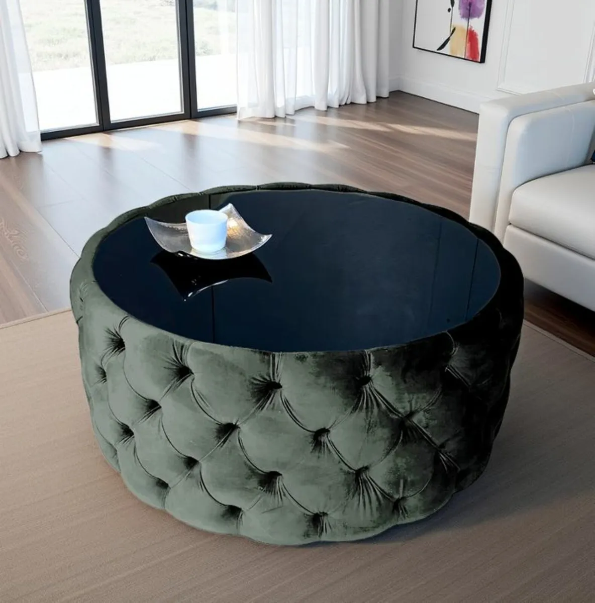 Round Velvet Coffee Table Button-Tufted 80cm - Image 3