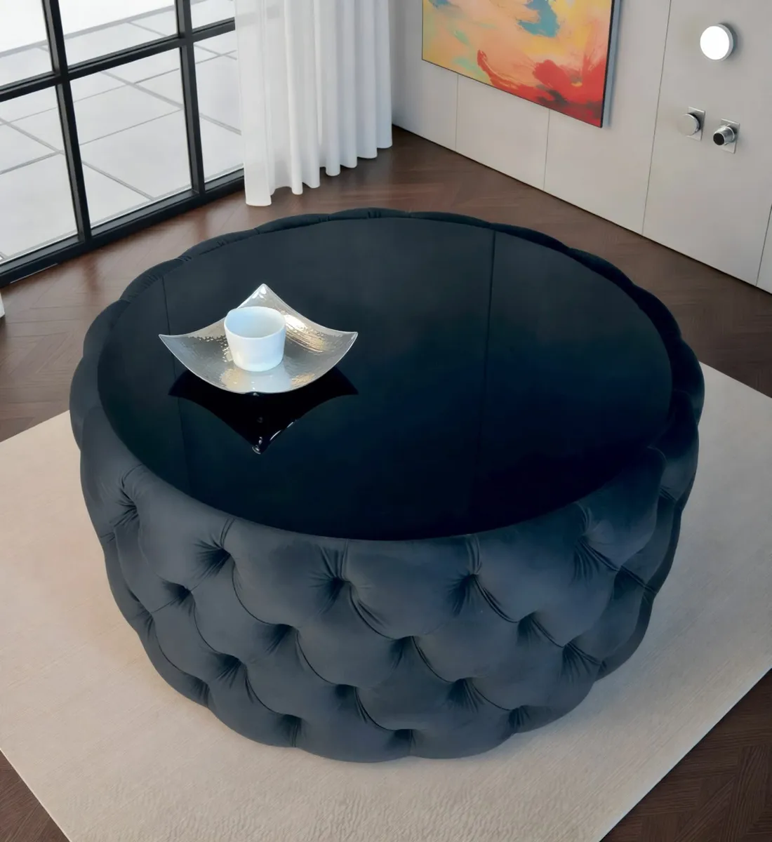 Round Velvet Coffee Table Button-Tufted 80cm - Image 1