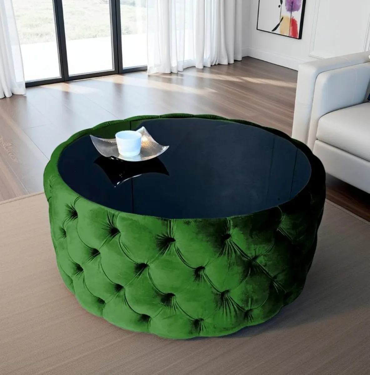 Round Velvet Coffee Table Button-Tufted 80cm - Image 4