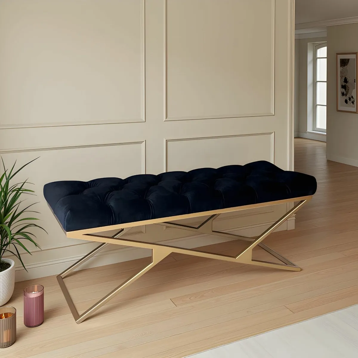 Luxury Velvet Bench with Gold Frame 2X Shape - Image 1