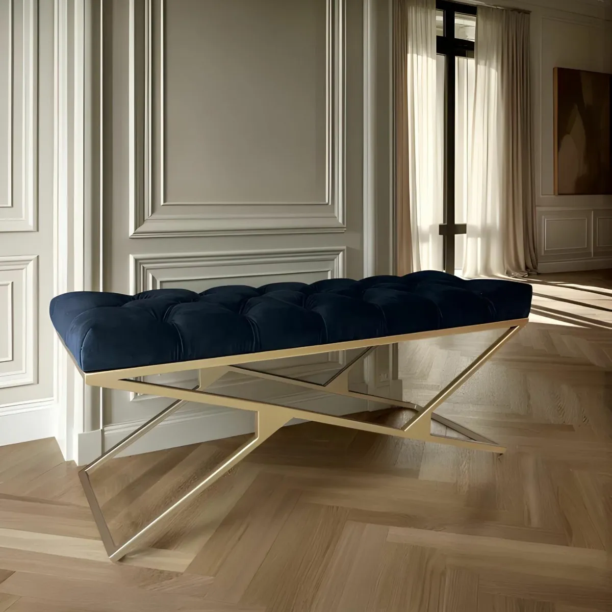 Luxury Velvet Bench with Gold Frame 2X Shape - Image 2