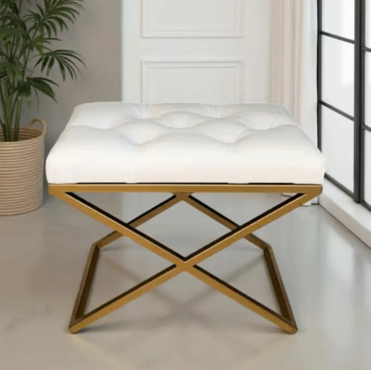 Modern Velvet Ottoman with Metal Frame - Image 1