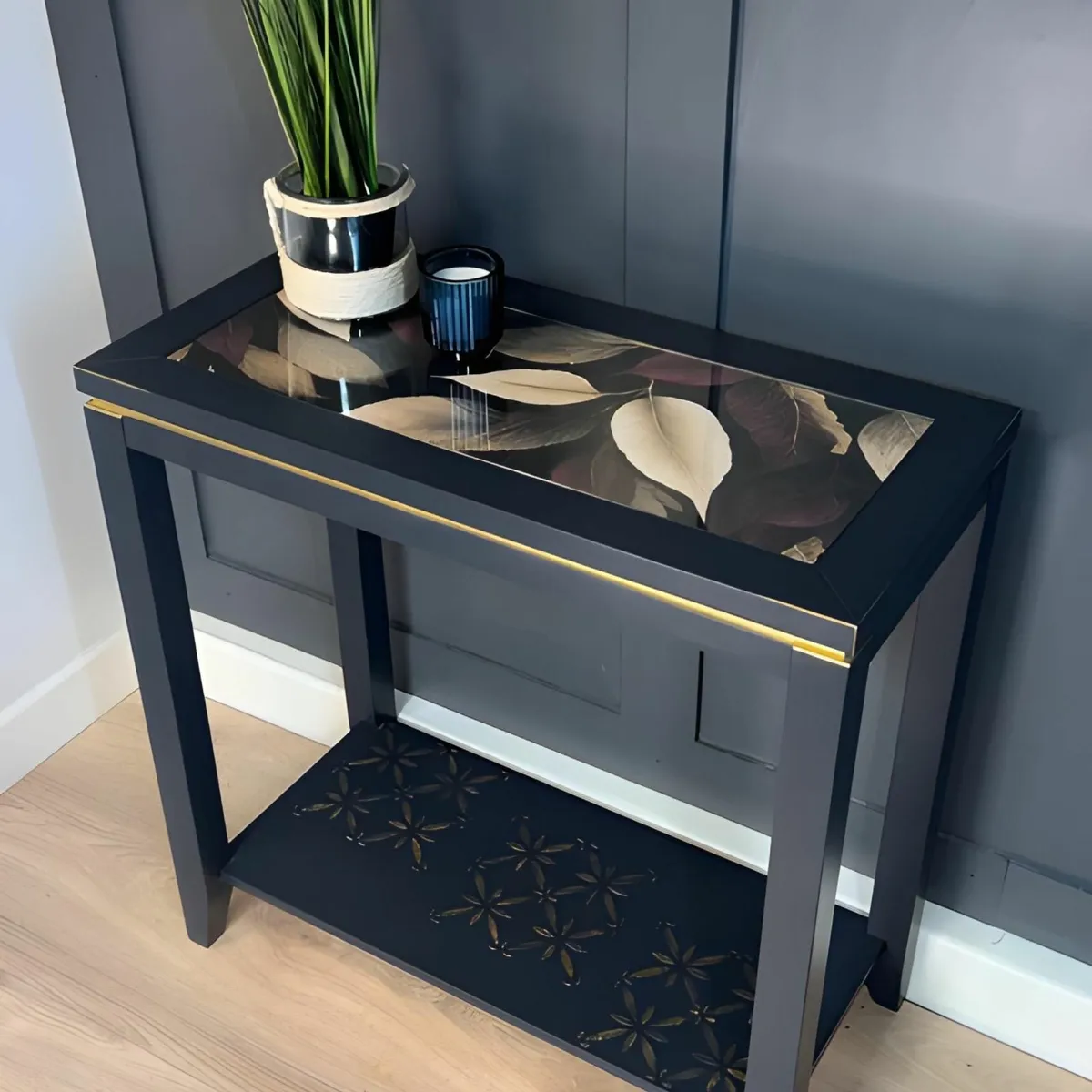 Regal Blue Console Table Hand-Painted Canvas Top, - Image 1