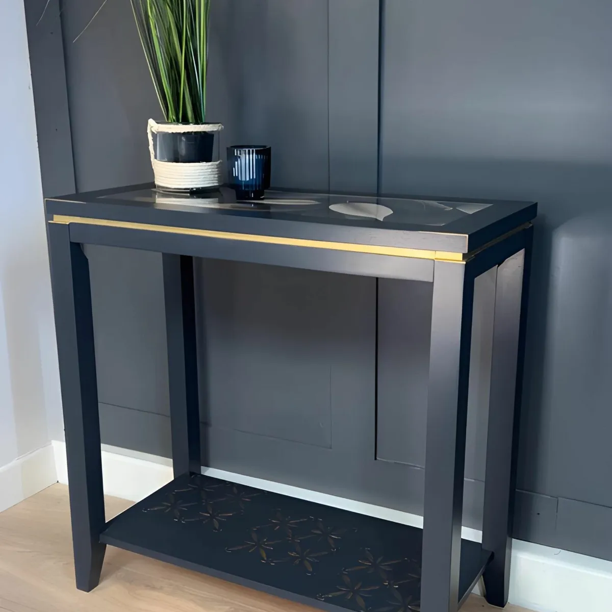 Regal Blue Console Table Hand-Painted Canvas Top, - Image 3