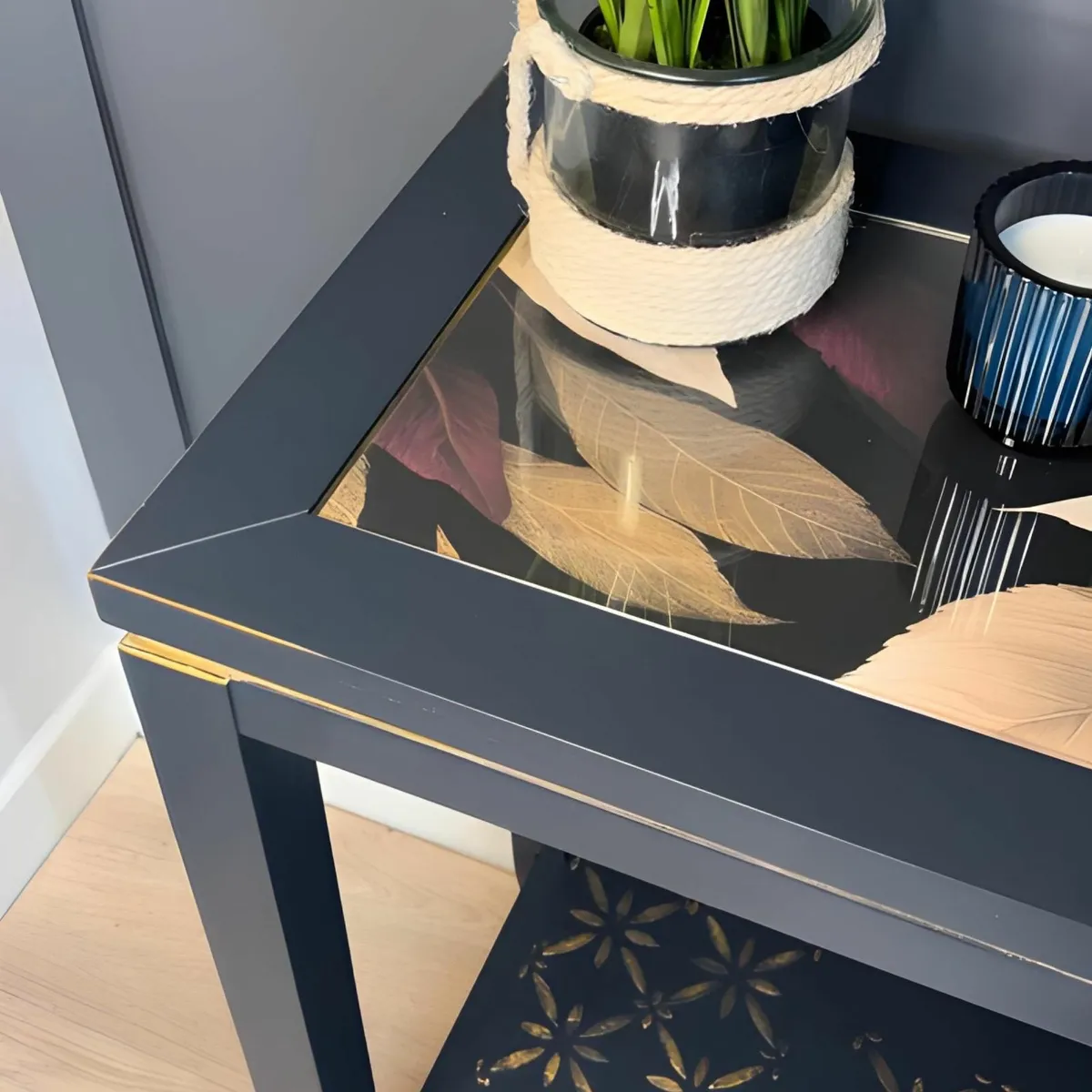 Regal Blue Console Table Hand-Painted Canvas Top, - Image 4