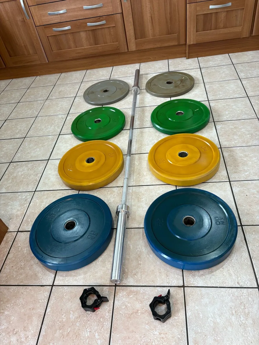 OLYMPIC  BUMPER PLATE BARBELL WEIGHTS SET