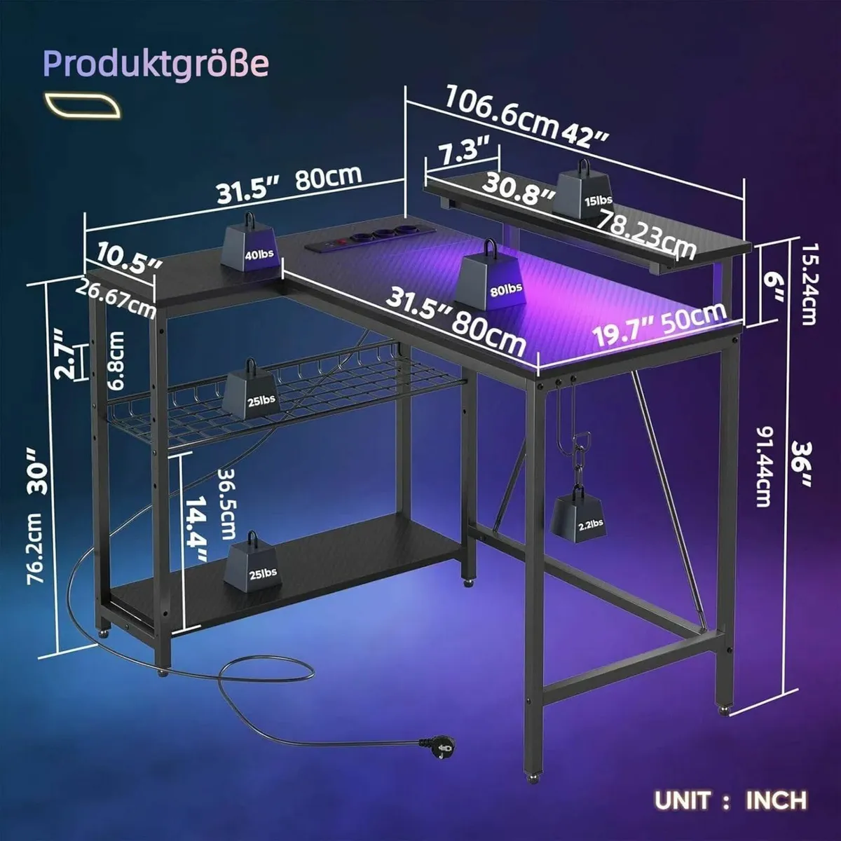 106.5CM L-Shaped Gaming Desk Office LED Lights - Image 2