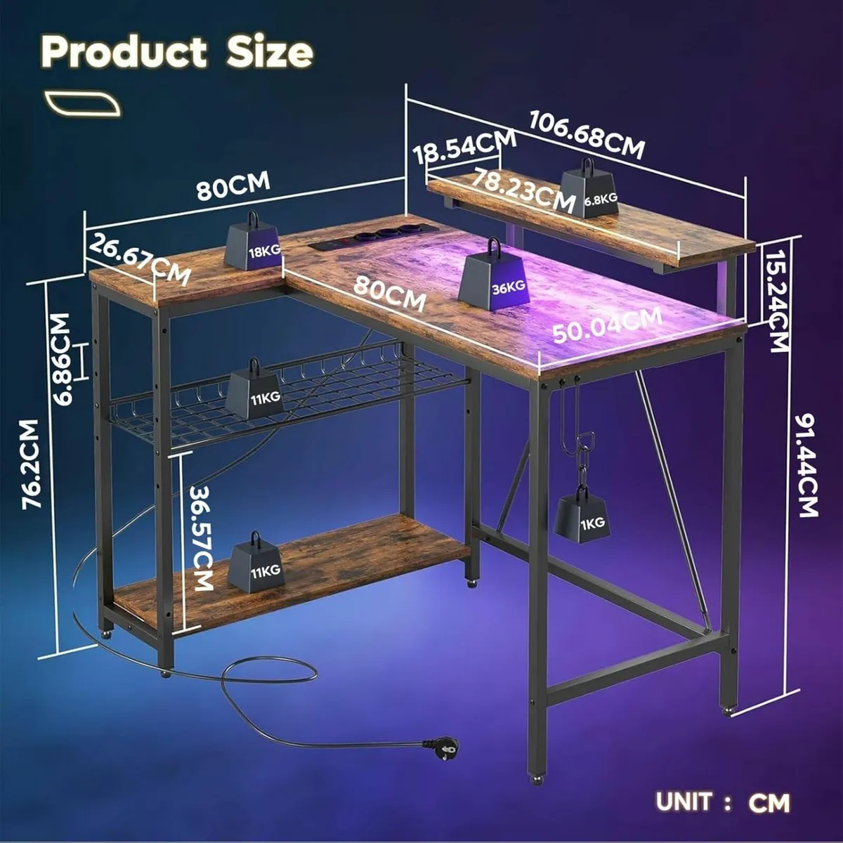 106.5cm L-Shaped Desk Office Gaming Power Outlets - Image 2