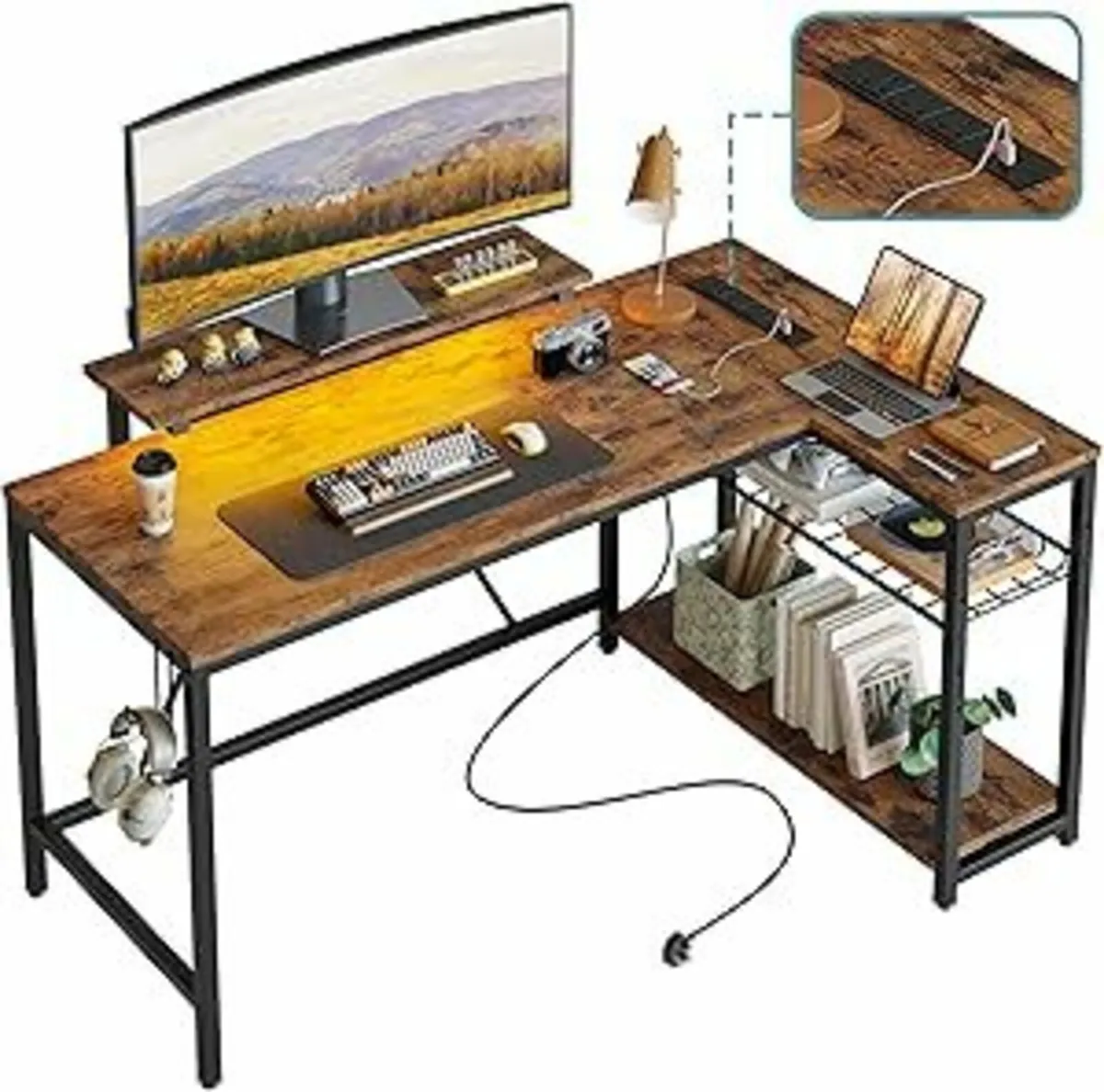 132.5 cm L-Shaped Desk Office Bedroom Brown table - Image 2
