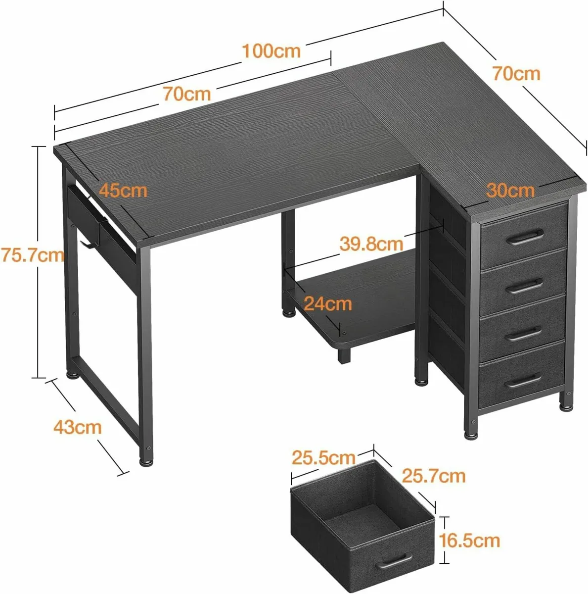 Computer Desk Drawers 100x70 cm Corner Desk Office - Image 2