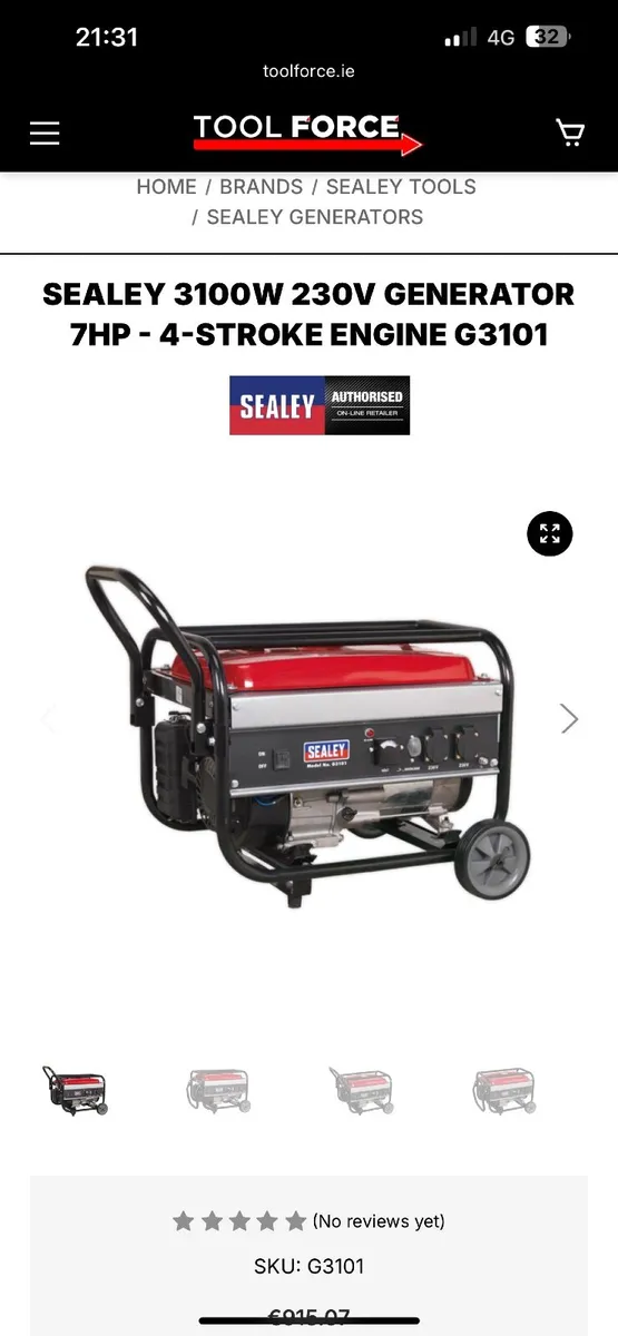 Sealey Generator 3100W 230V 7hp