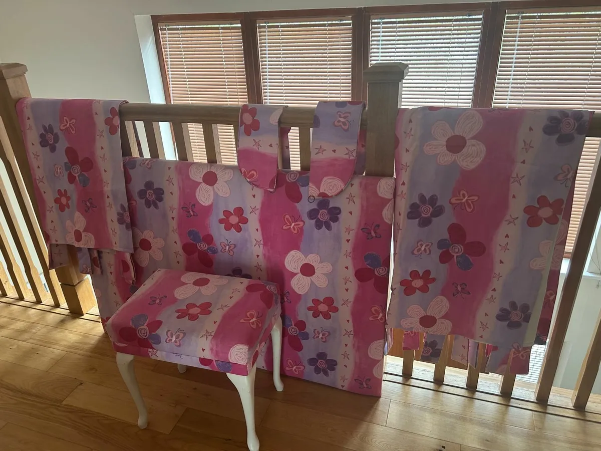 Pink and Purple Curtains and Headboard