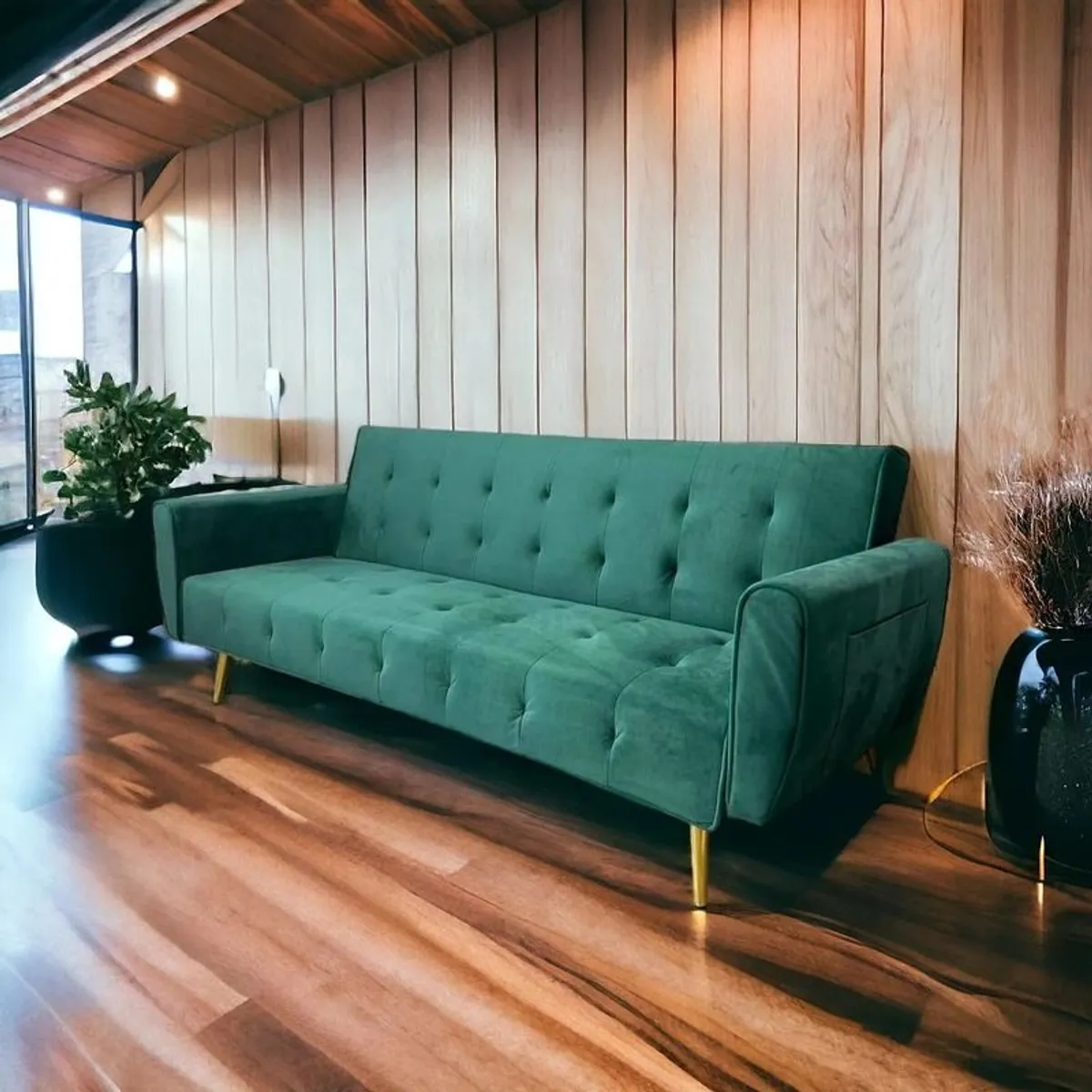 Luxury Velvet Sofa Bed with Golden Legs green - Image 1