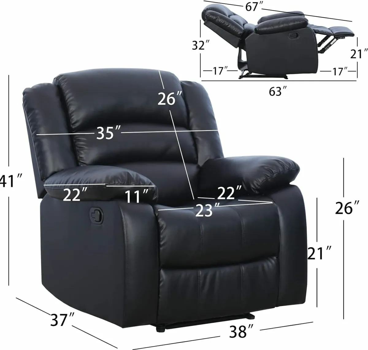 Black Leather Recliner Sofa – 1 Seater – Modern - Image 4