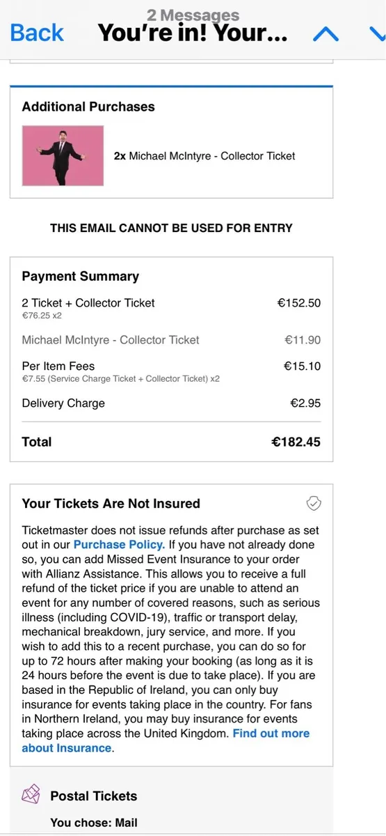 2 Tickets to Michael McIntyre Fri 25th July Cork - Image 2