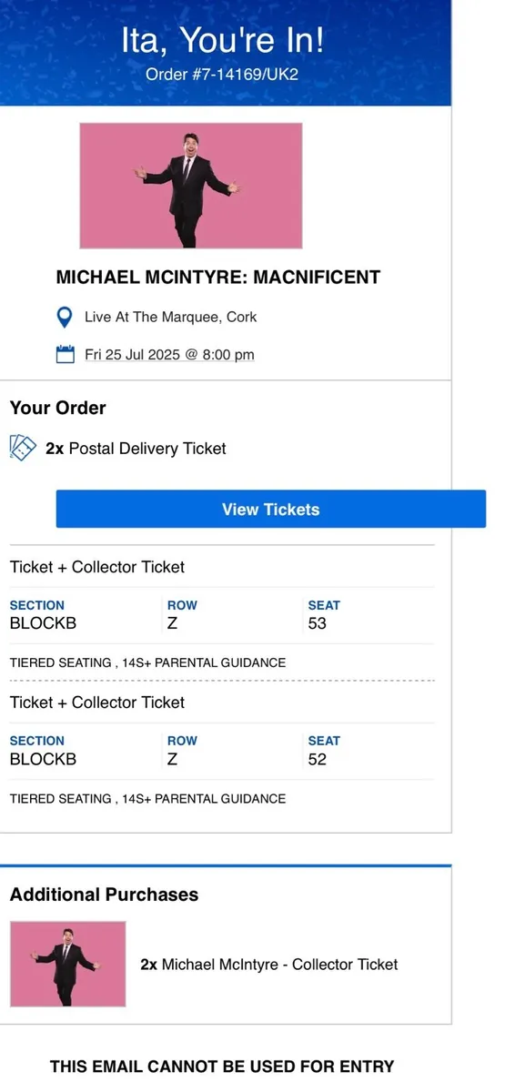 2 Tickets to Michael McIntyre Fri 25th July Cork - Image 3
