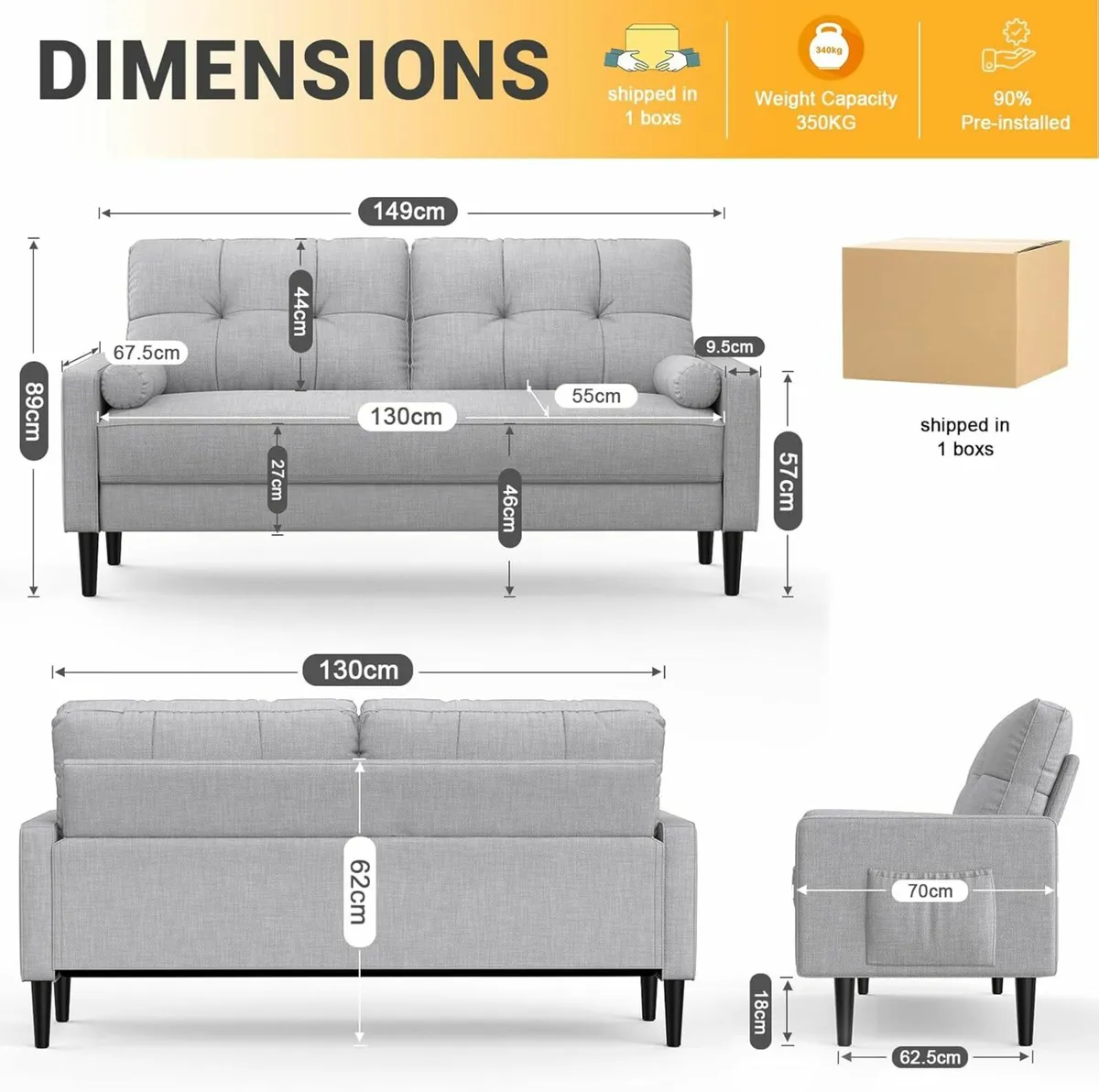 2 Seater Sofa, Modern Couch Home Office - Image 3