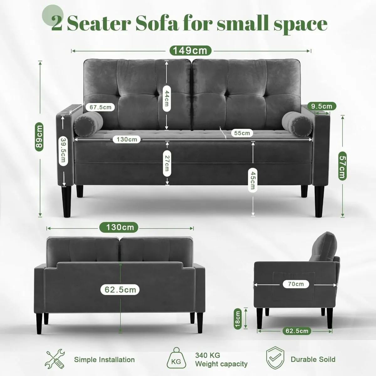 Sofa 2 Seater, Loveseat Sofa Couch Apartment Grey - Image 4