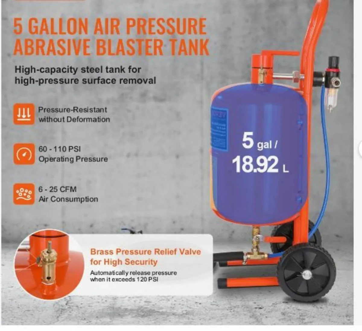 5 Gallon Sand Blaster 60-110 PSI High - Image 2