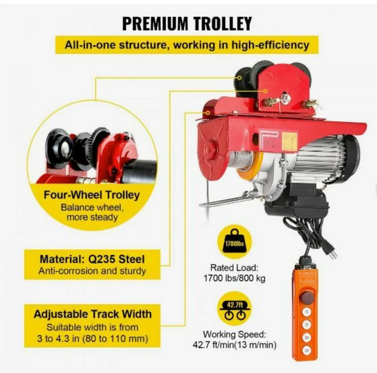 800Kg/1700Lbs Electric Trolley Hoist - Image 2