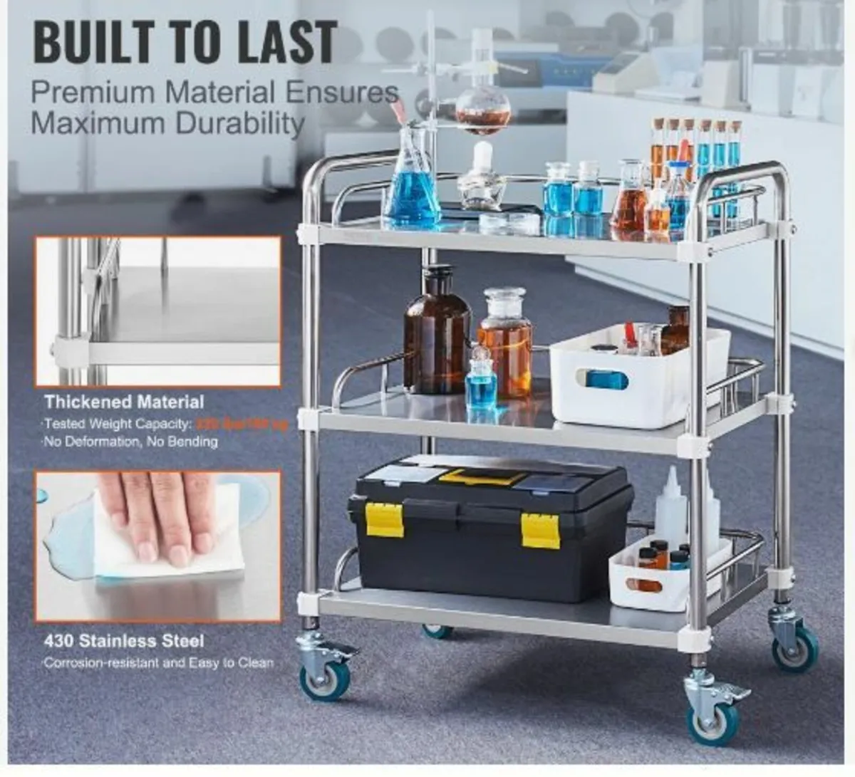 Lab Rolling Cart, 3-Shelf Stainless Steel Rolling - Image 2