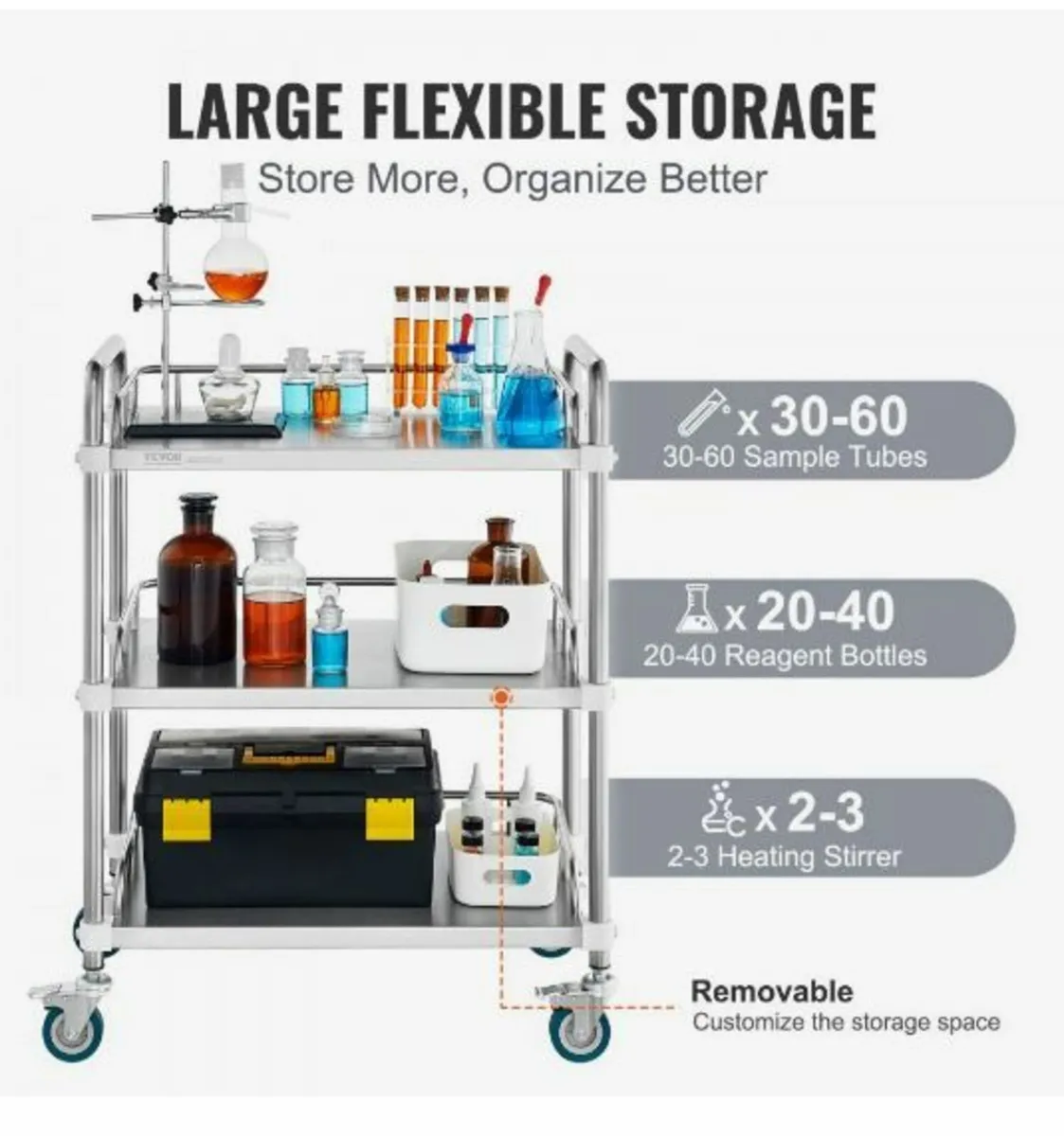 Lab Rolling Cart, 3-Shelf Stainless Steel Rolling - Image 4