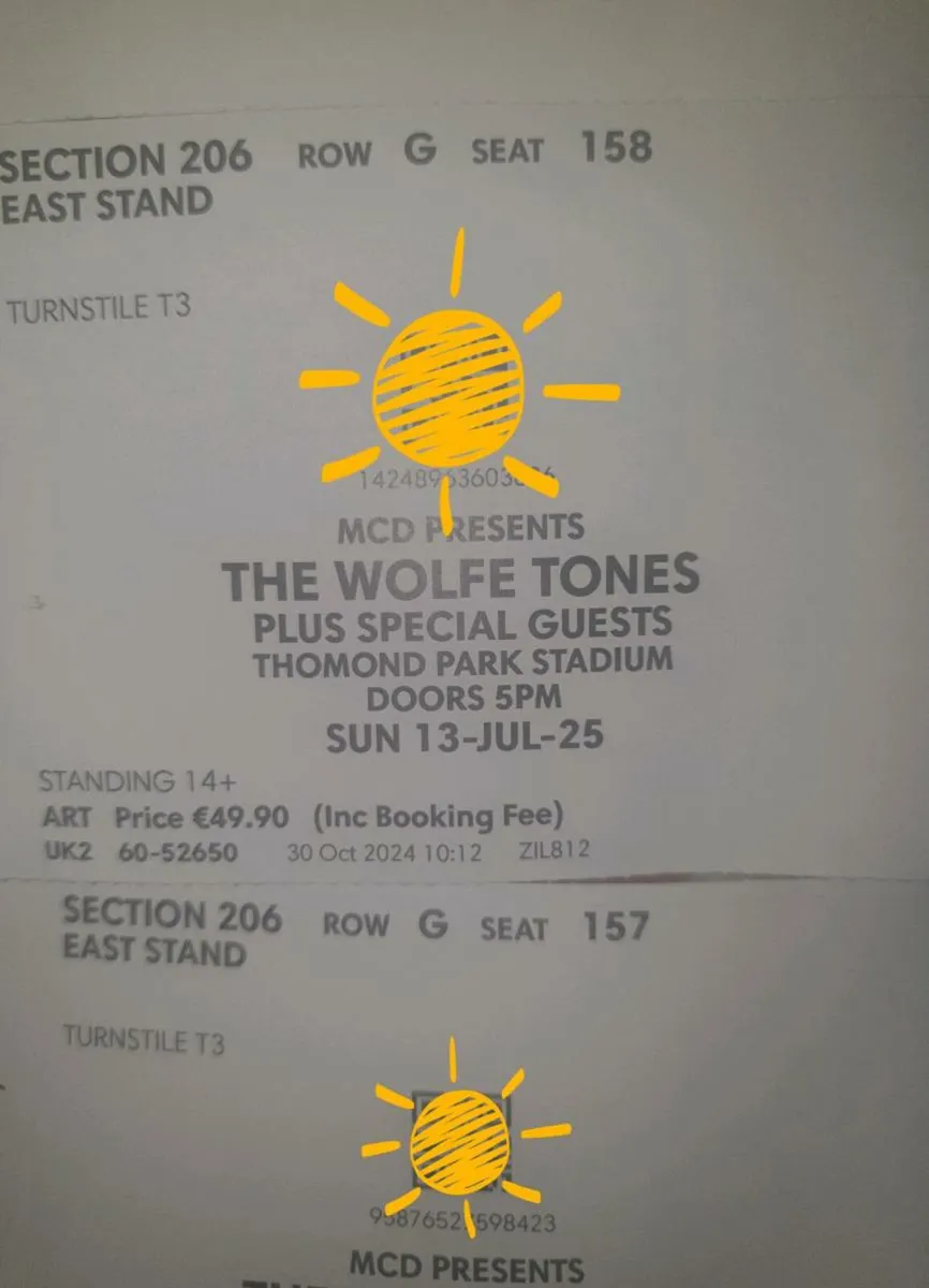2 seated wolfe tones tickets Sunday 13th july - Image 1