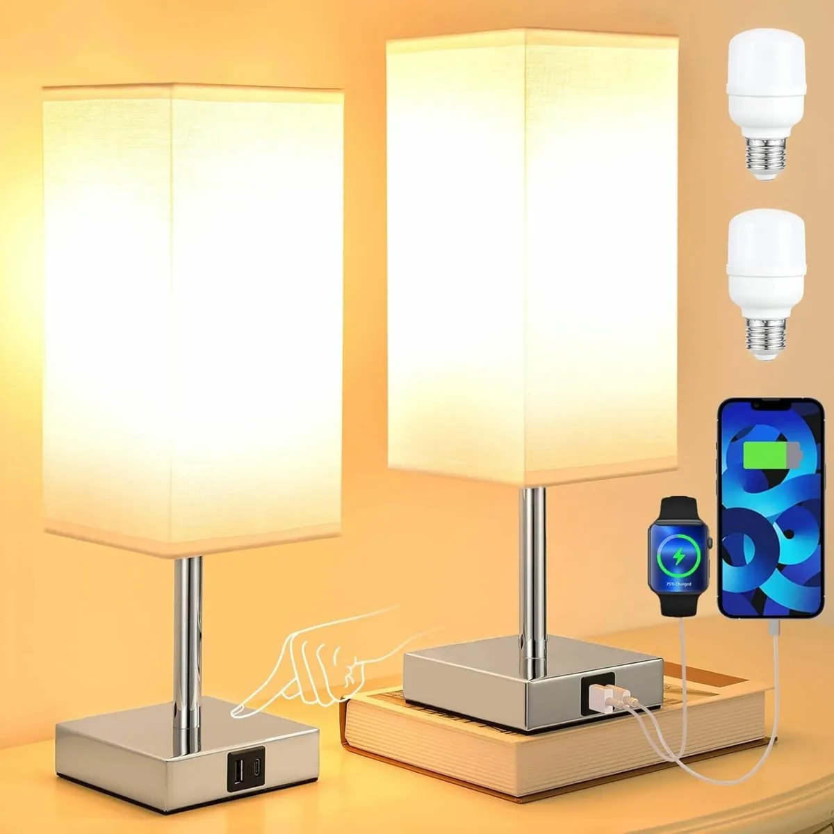 Bedside Lamps Set of 2, Touch Lamps Bedside - Image 1