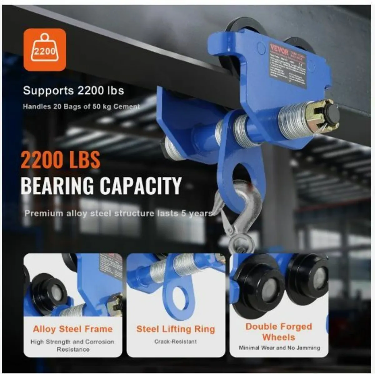 Manual Trolley, 2200 lbs/1 Ton Load Capacity - Image 2