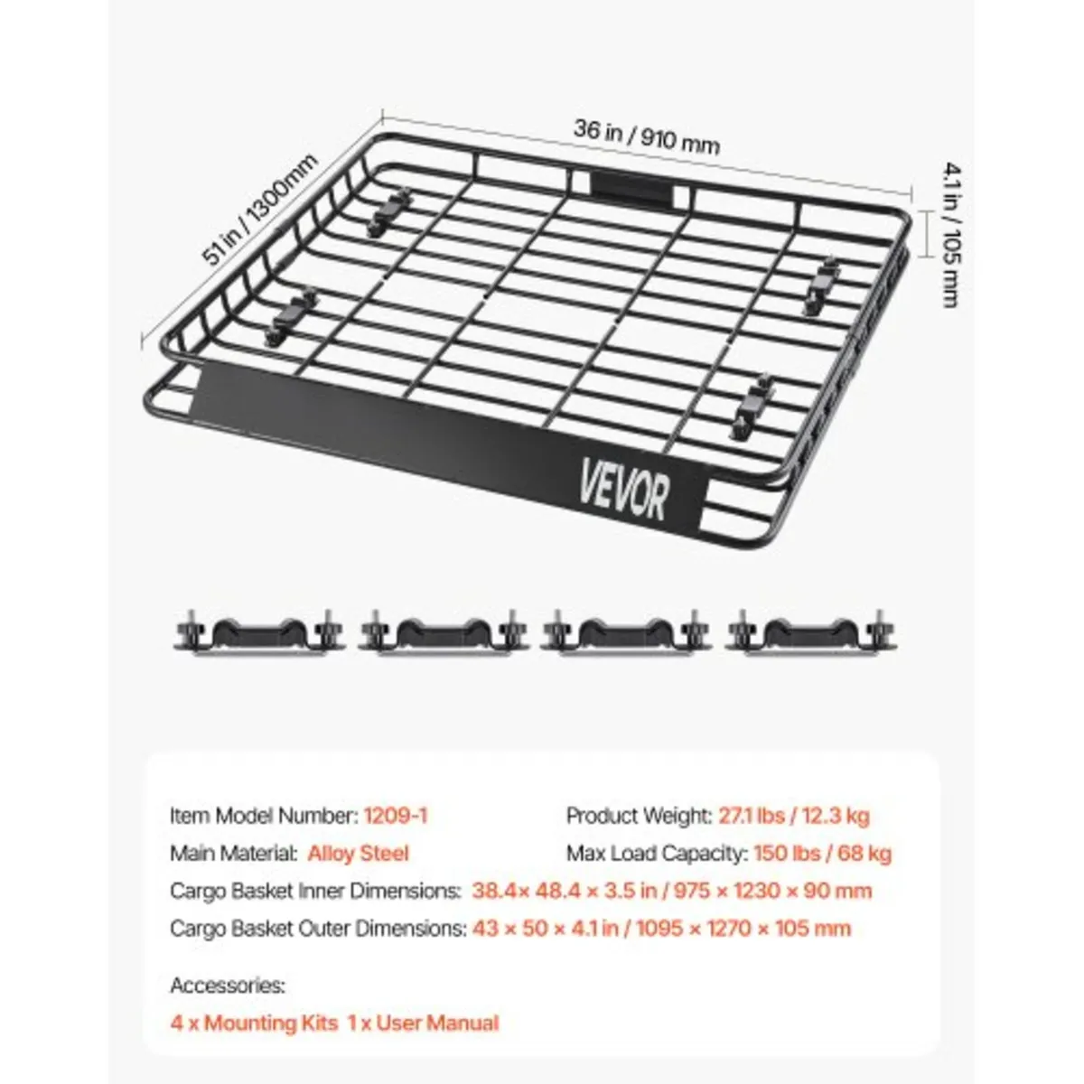 Roof Rack Cargo Carrier Basket 43 x 50 x 4.1 in Ca - Image 4