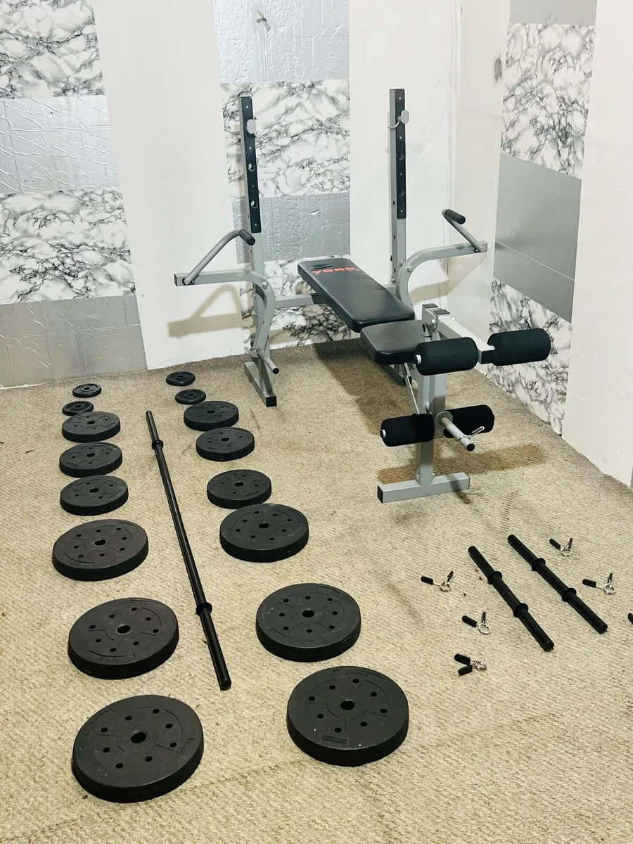 YORK FITNESS BENCH 50KG WEIGHTS BARBELL SET - Image 2