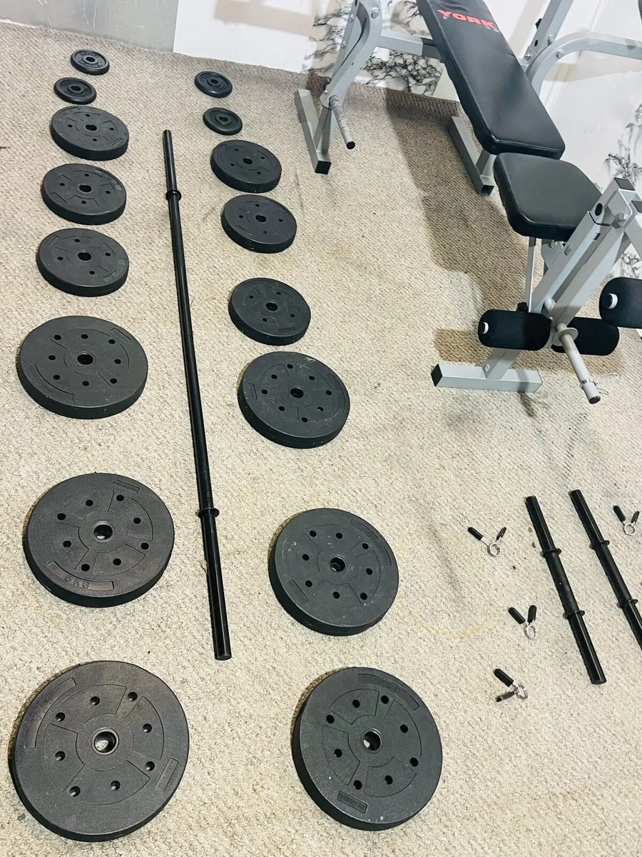 YORK FITNESS BENCH 50KG WEIGHTS BARBELL SET - Image 4