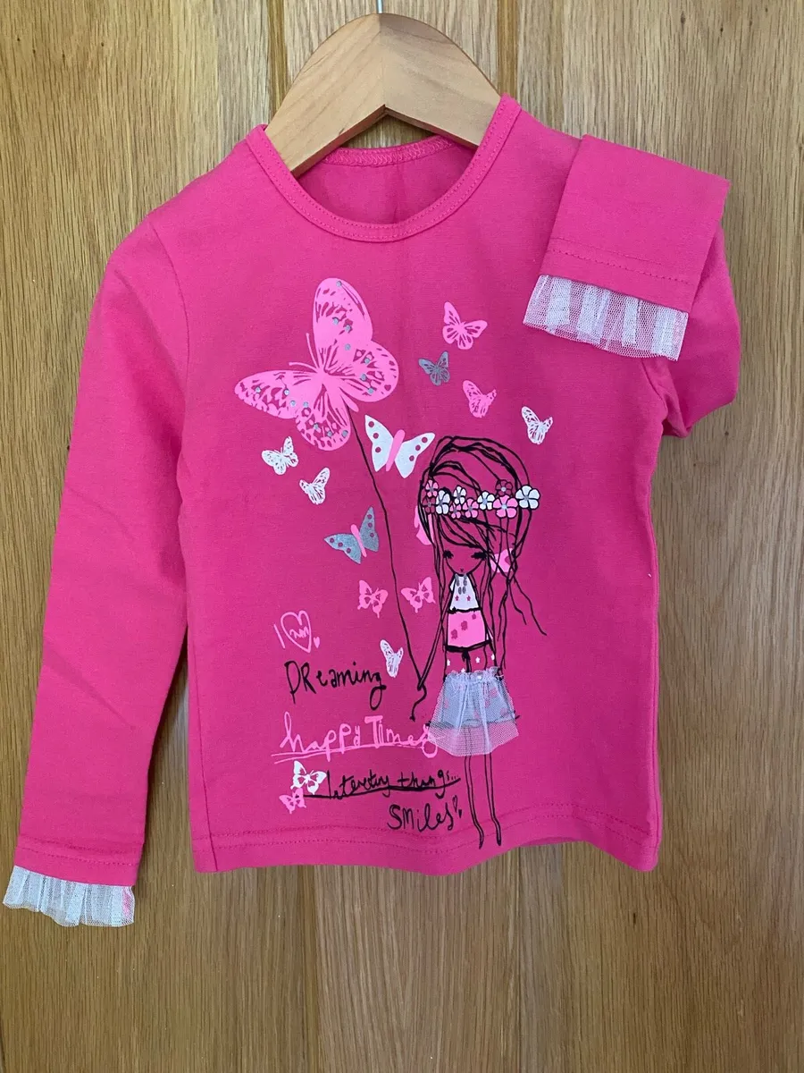 Girls Brand New Hot Pink Butterfly Long Sleeve Top - Image 3