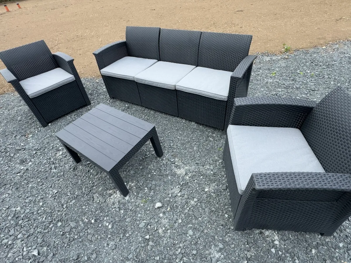 Black Garden Settee with 2 chairs, coffee table - Image 1
