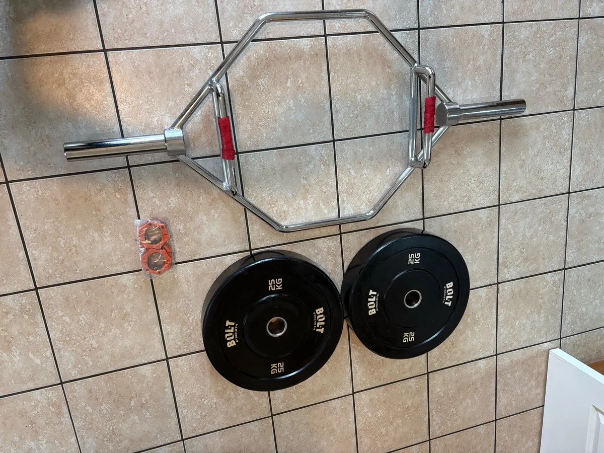 HEX SHRUG DEADLIFT BAR +  BUMPER OLYMPIC WEIGHTS - Image 1