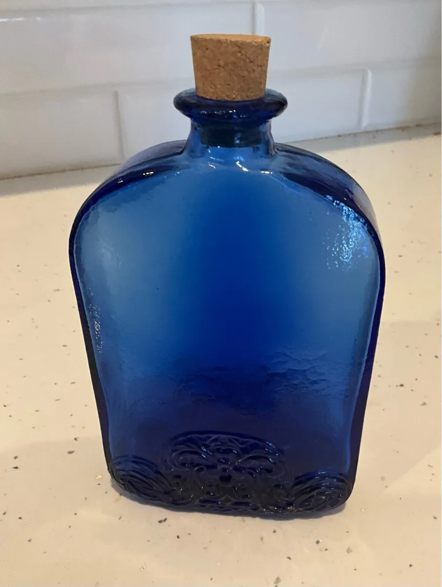 Embossed Cobait Blue Glass Flask Shaped Bottle - Image 1