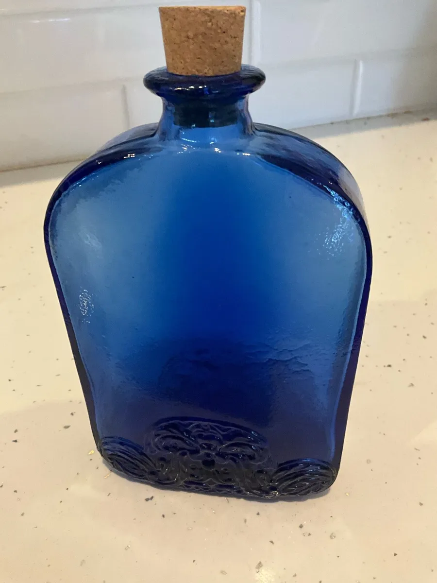 Embossed Cobait Blue Glass Flask Shaped Bottle - Image 3