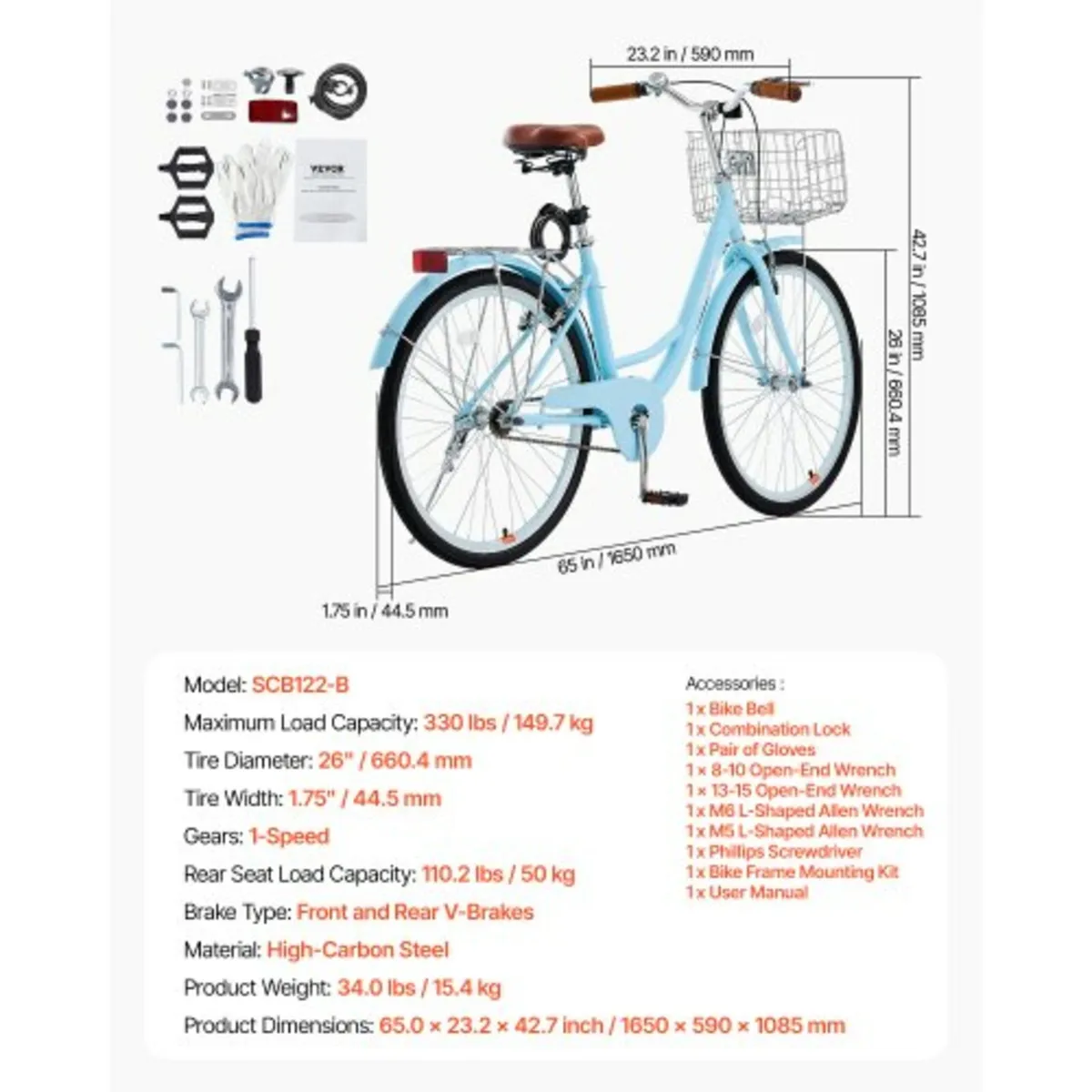 26-Inch Cruiser Bike 1-Speed Light Blue Beach Crui - Image 2