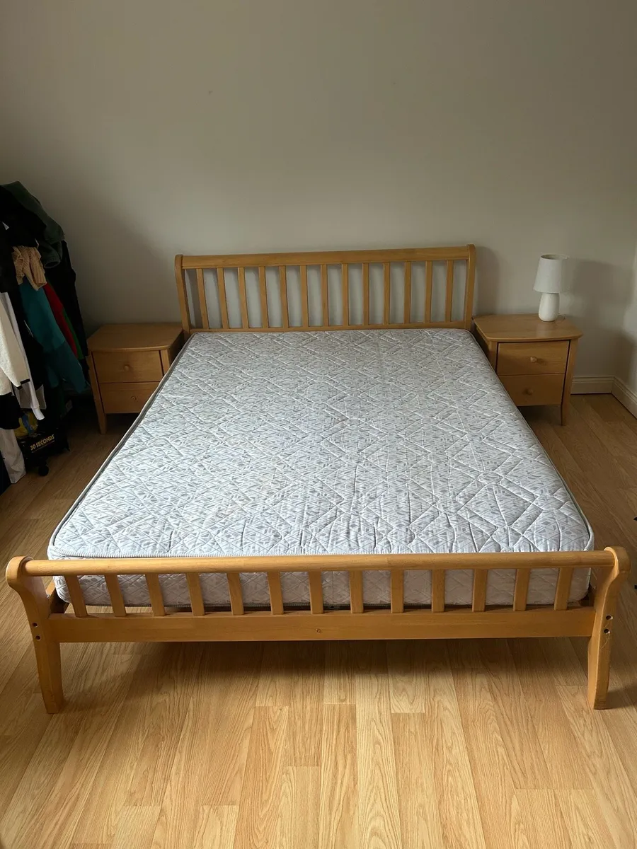 Bed frame and mattress and two bedside lockers