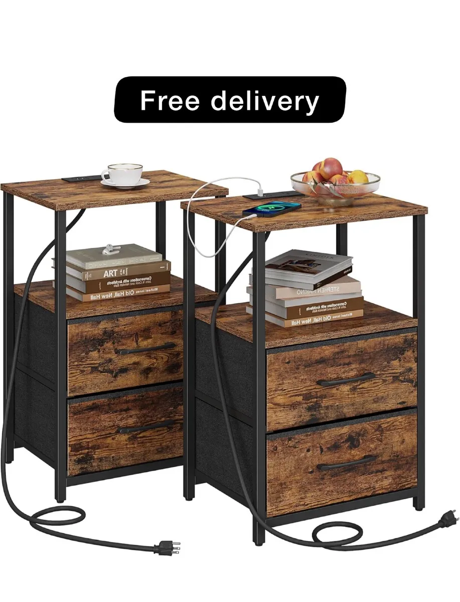 Bedside Table with Charging Station, Side Table wi - Image 1