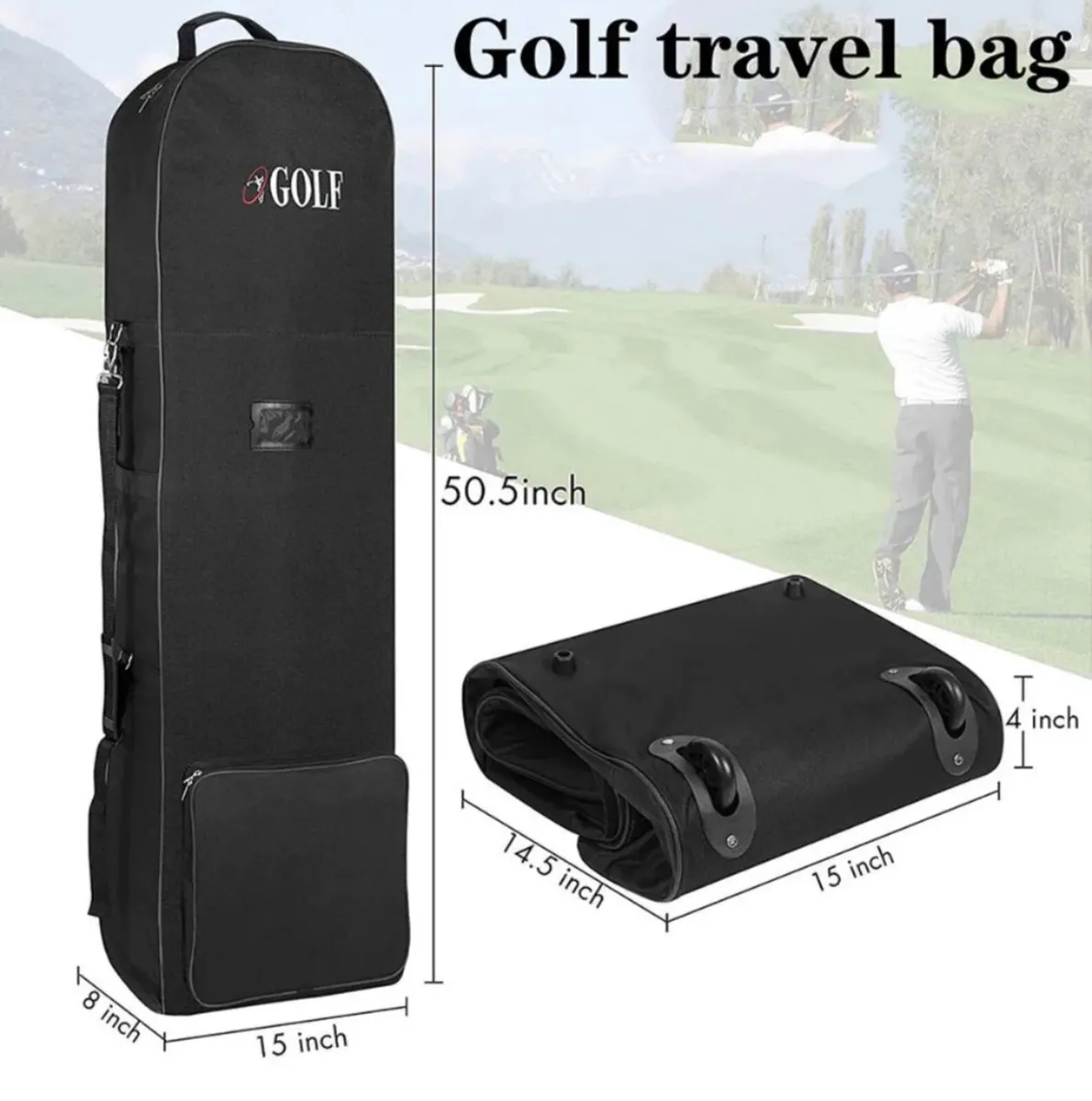 Foldable Golf Bag Travel Case Cover with Wheels - Image 3