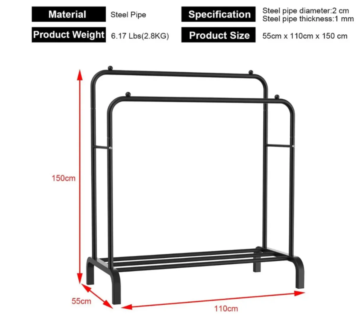 Metal Double Clothes Rail with Shelf NEW - Image 3
