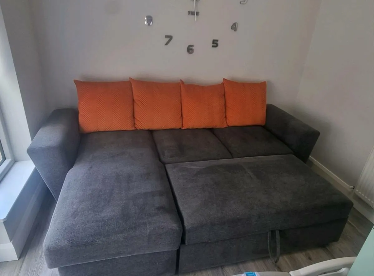 L shaped Sofa bed chaise longue dark grey fabric - Image 2