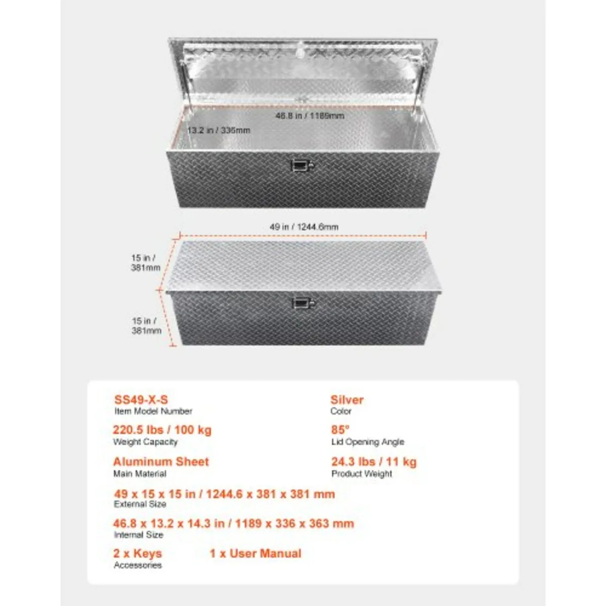 49"x15"x15" Heavy Duty Aluminum Truck Bed Tool Box - Image 4