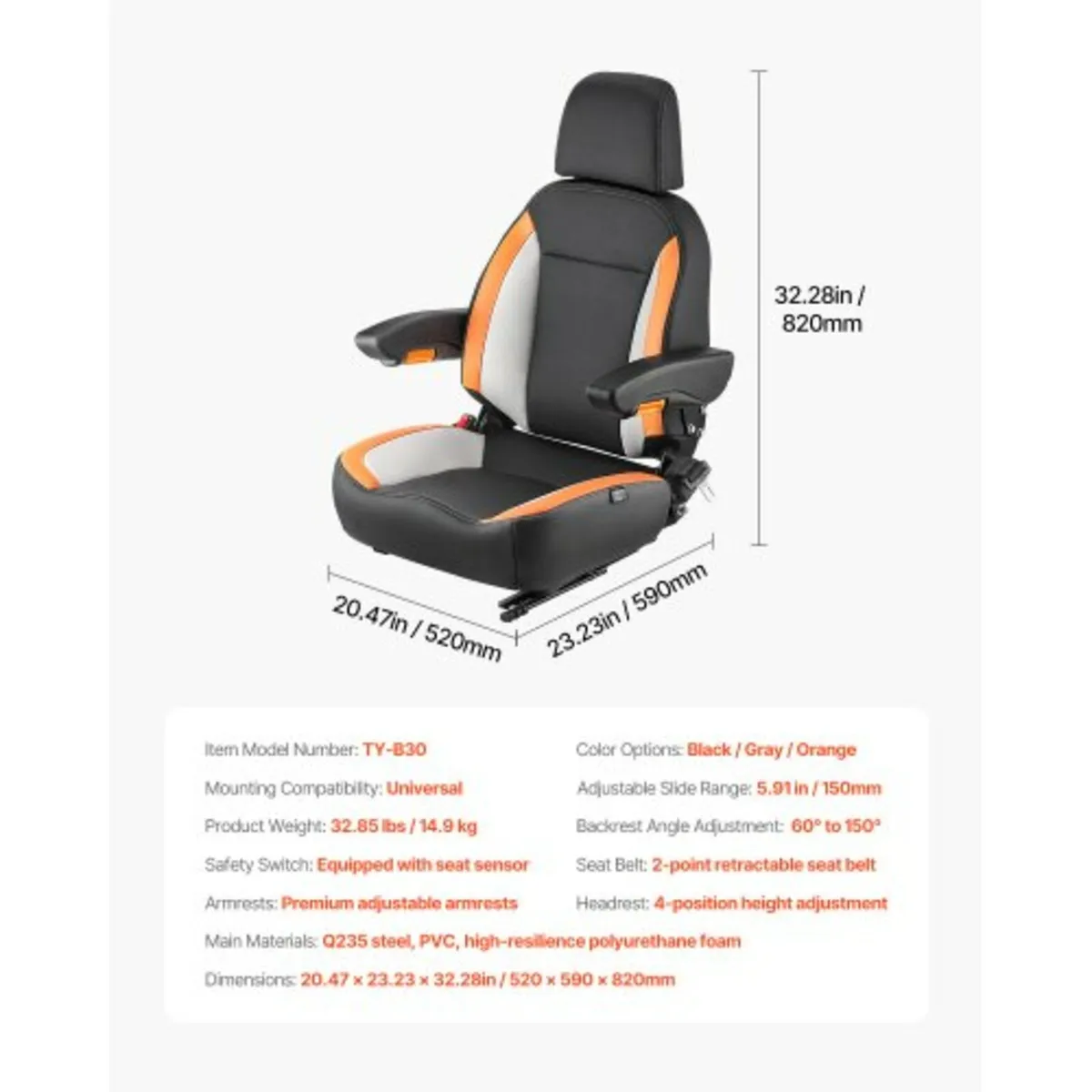 Forklift Seat Mower Tractor Seat Adjustable Back S - Image 2