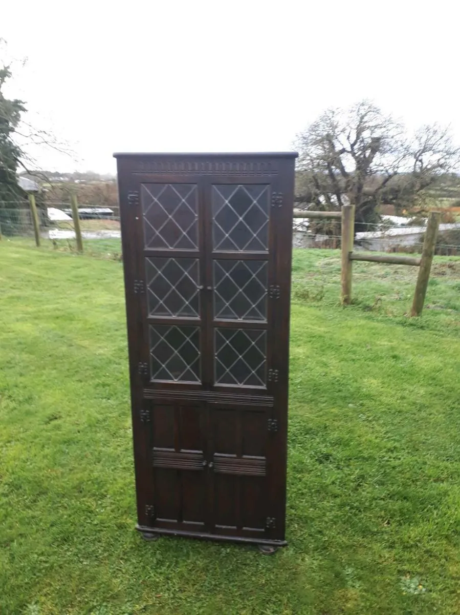 Antique Leaded Glass 4 Door Corner Cabinet - Image 4