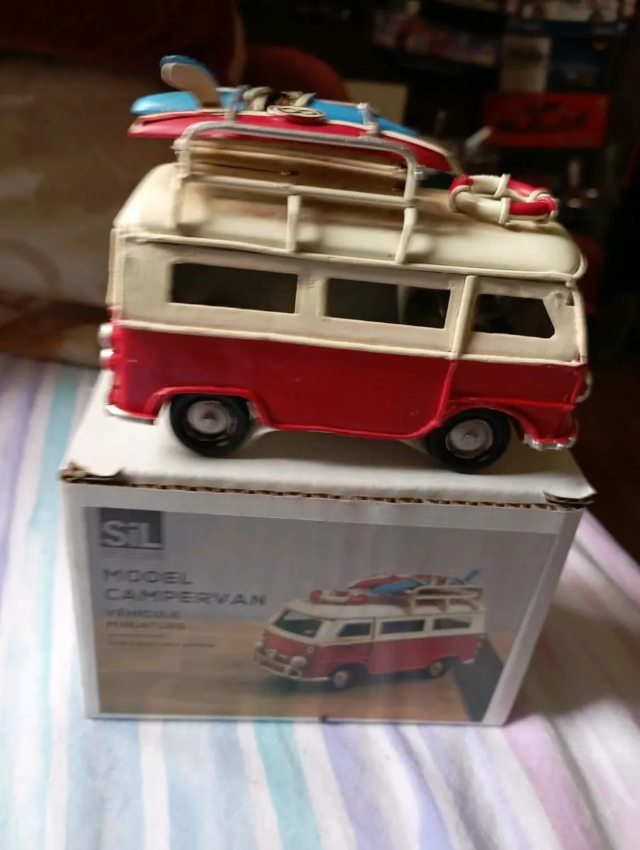 VINTAGE LESSER & PAVEY CAMPER VAN WITH SURFBOARD - Image 1