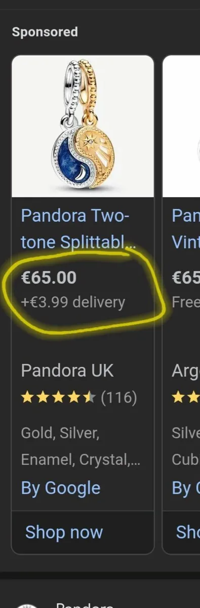 Pandora 2 split charm 14k gold and sterling Silver - Image 1