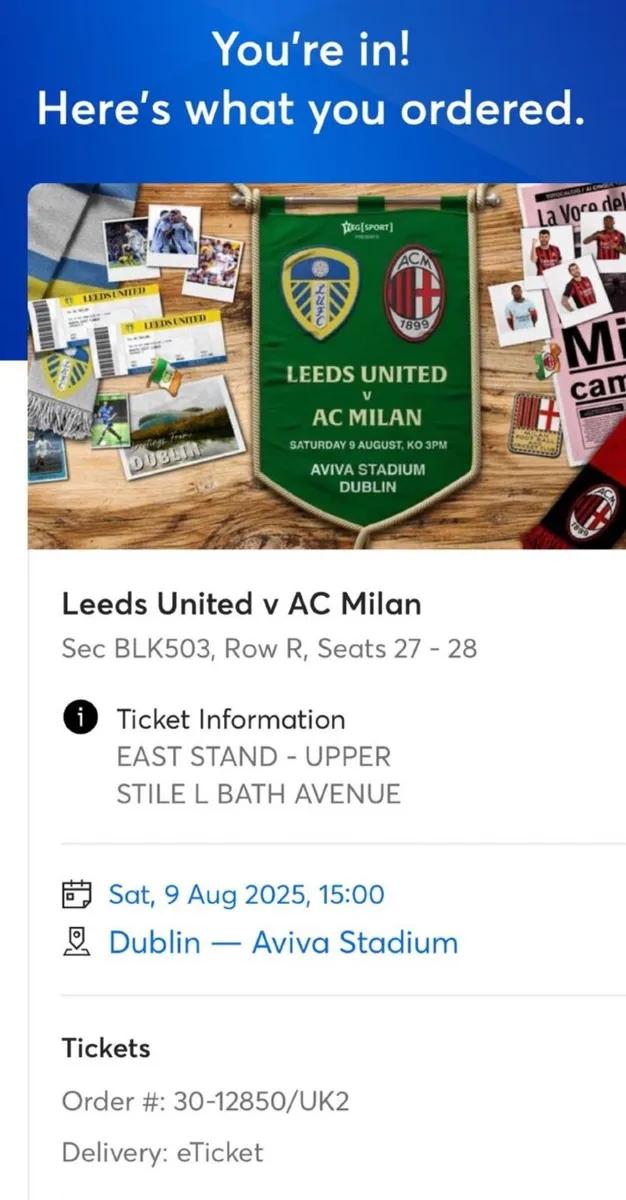 2 x Leeds United v AC Milan Tickets