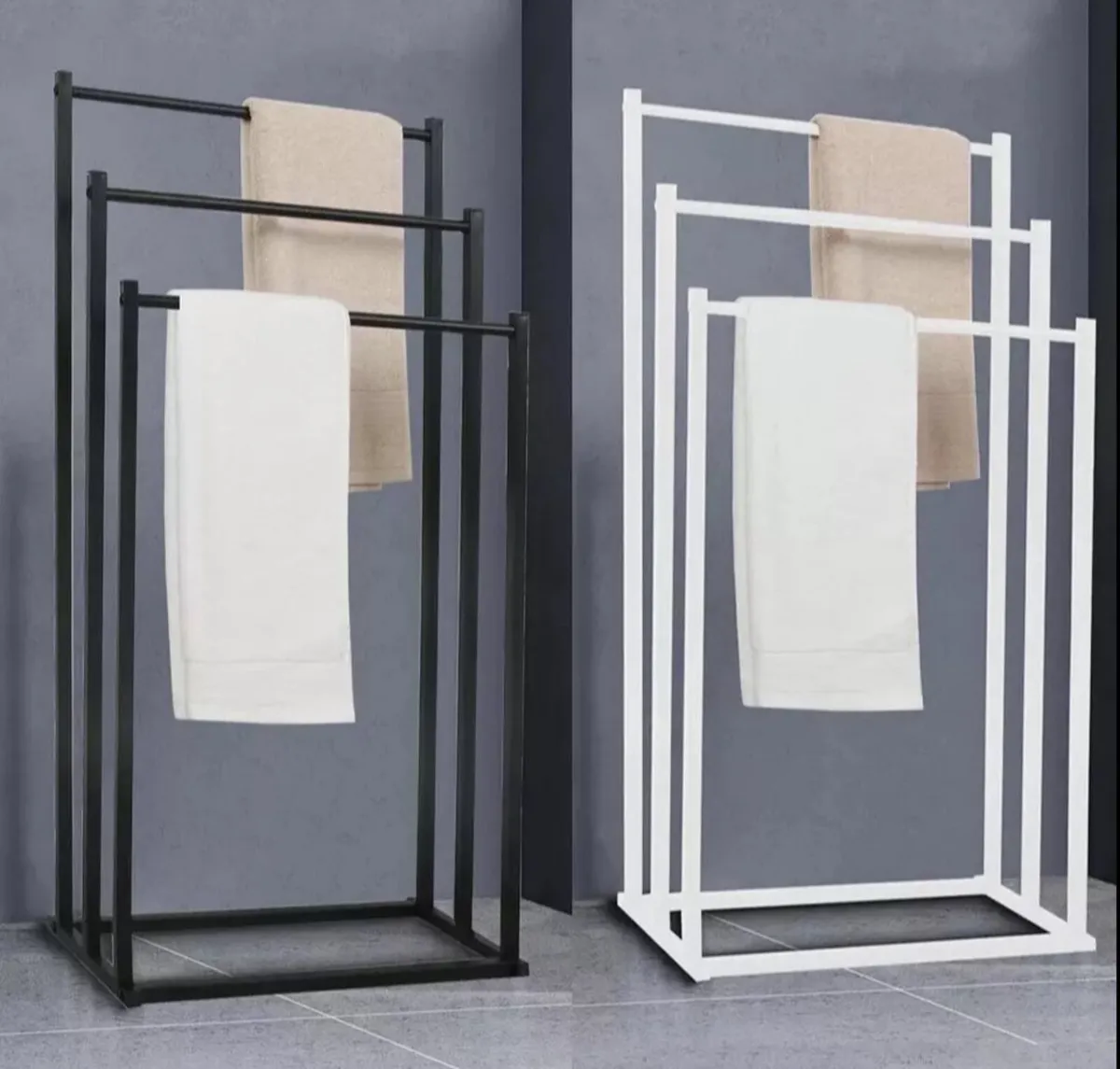 Black or White 3 Tier Free Standing Towel Rail - Image 1